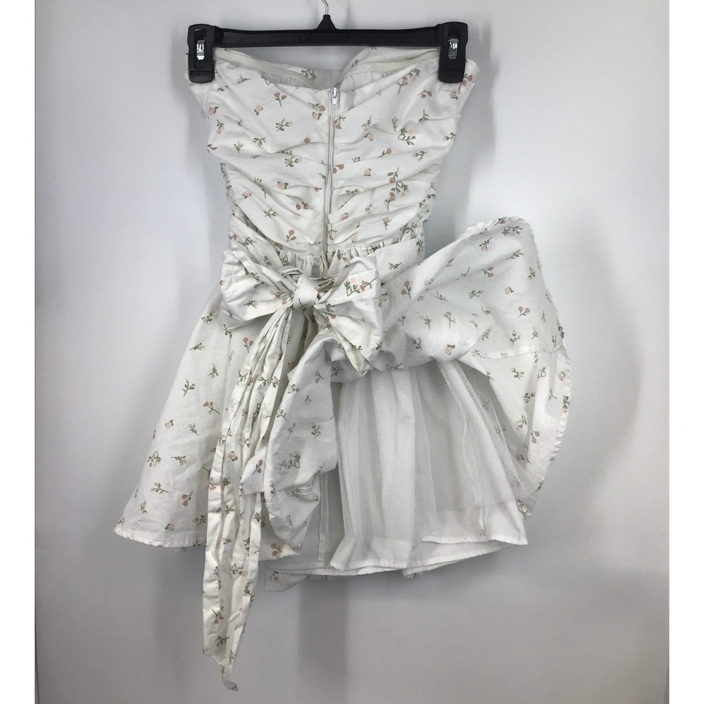Strapless Ruched Fit & Flare Dress White Rosebud Floral Bow Sash Coquette S - Picture 9 of 10
